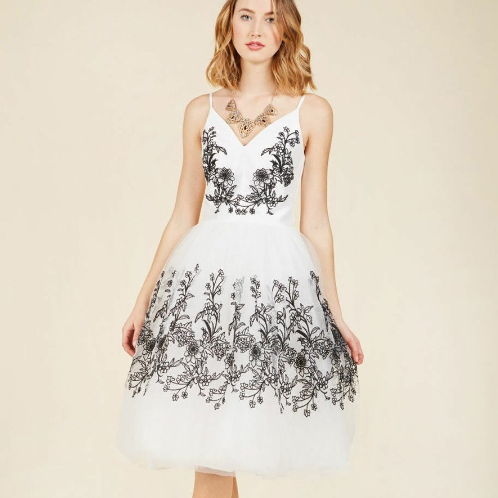 NWT Chi Chi London White Dress with Black Embroidery